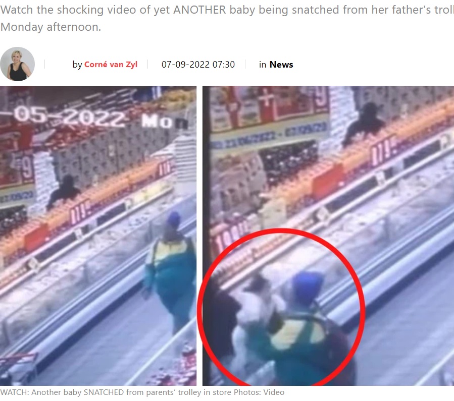 スーパーのショッピングカートから女児を連れ去る女（画像は『The South African　2022年9月7日付「WATCH: Another baby SNATCHED from parents’ trolley in store」（Photos: Video）』のスクリーンショット）