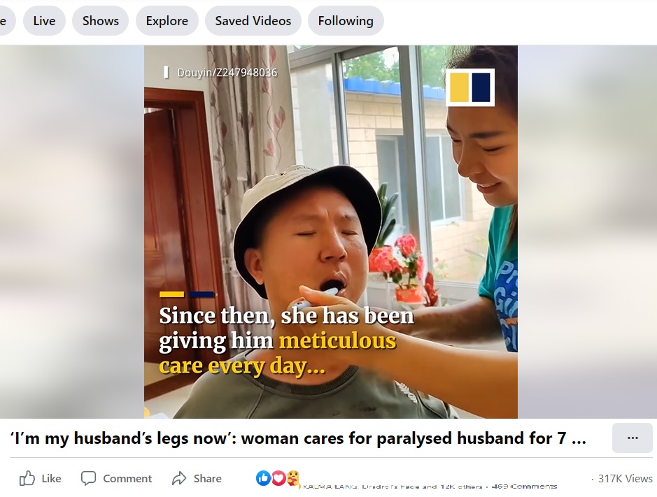 日常生活のサポートはチェンさんの仕事（画像は『South China Morning Post　2022年9月2日付Facebook「‘I’m my husband’s legs now’」』のスクリーンショット）