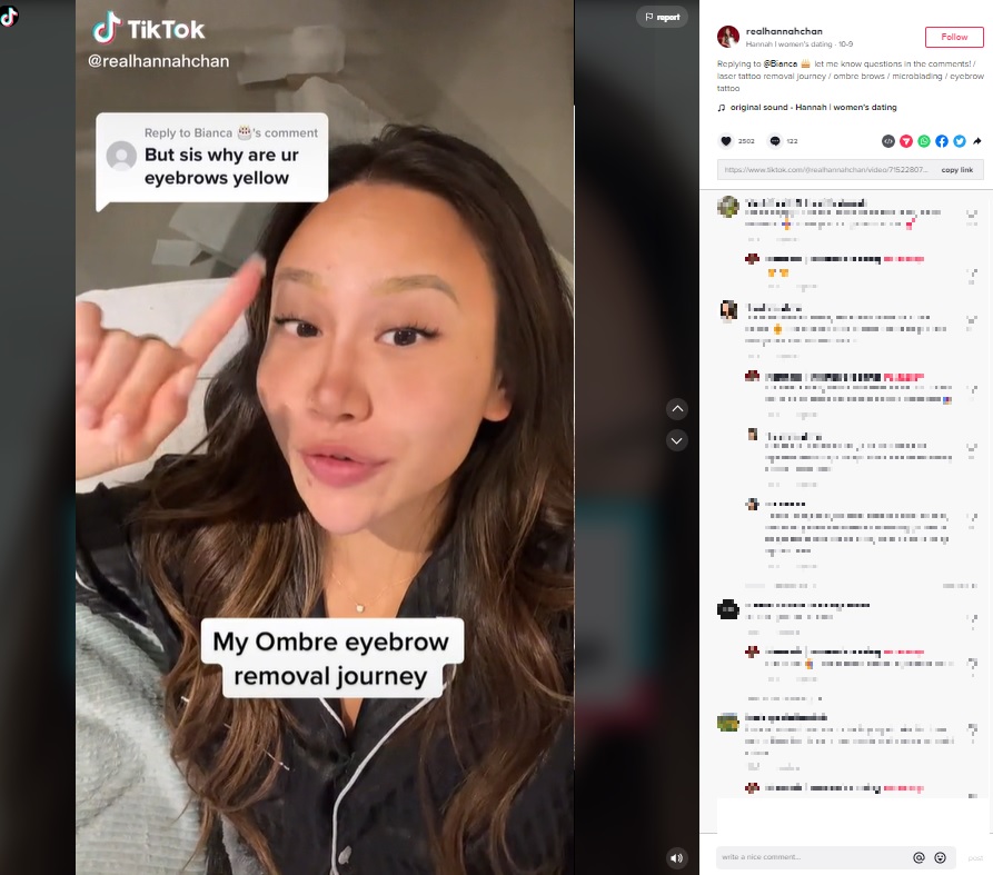 眉タトゥーで眉毛が変色！（画像は『Hannah | women’s dating　2022年10月9日付TikTok「Replying to ＠Bianca」』のスクリーンショット）