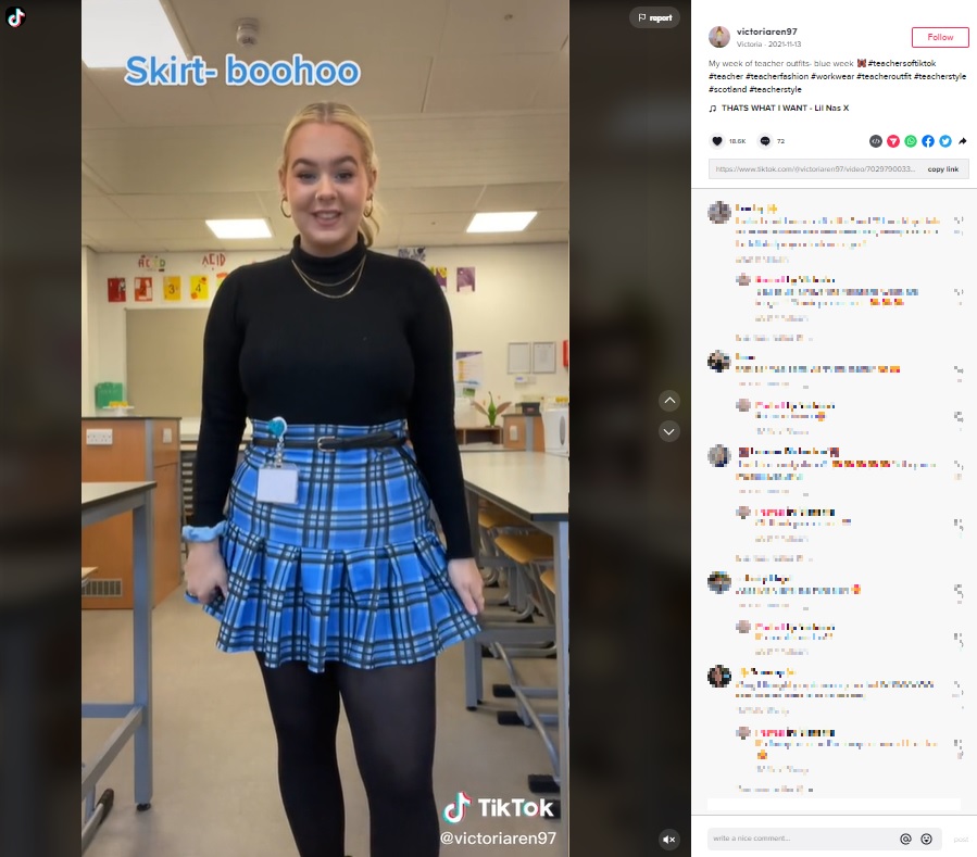 テーマはブルー（画像は『Victoria　2021年11月13日付TikTok「My week of teacher outfits- blue week」』のスクリーンショット）