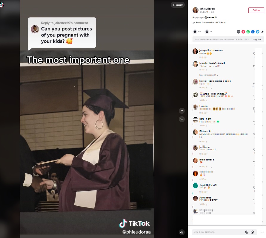 卒業式に大きなお腹で参加（画像は『PhiPhi　2022年9月11日付TikTok「Replying to ＠jairenee19」』のスクリーンショット）