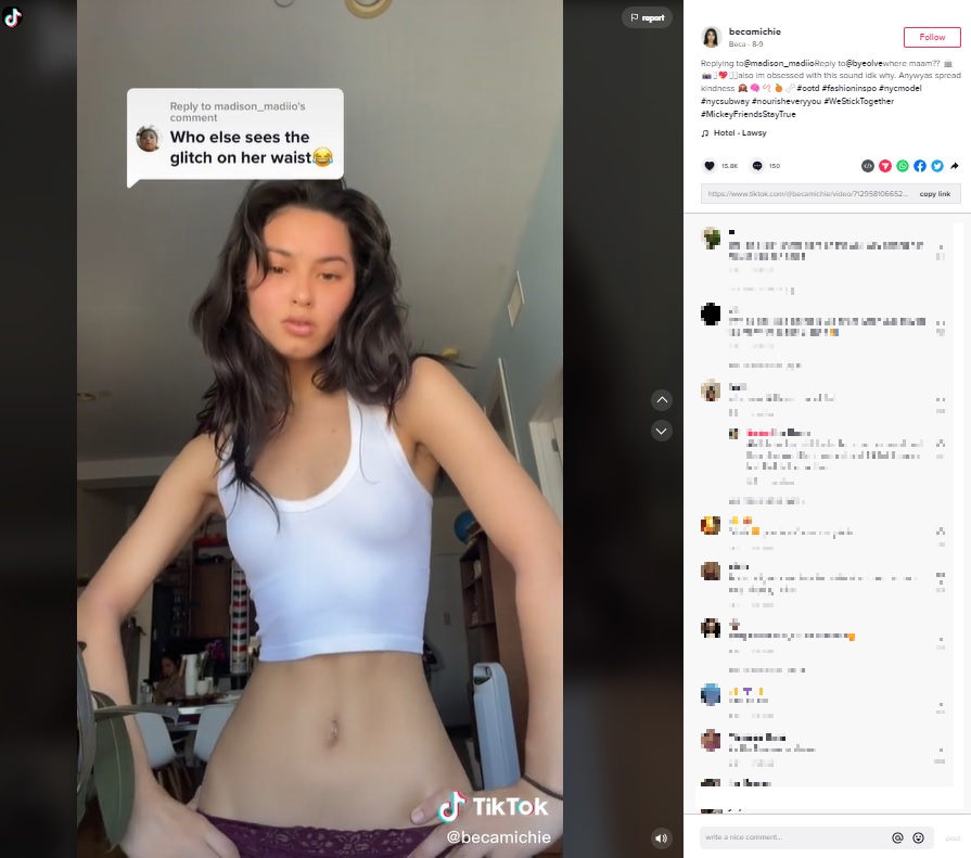 細いウエストはフェイク？（画像は『Beca　2022年8月9日付TikTok「Replying to ＠madison_madiio」』のスクリーンショット）