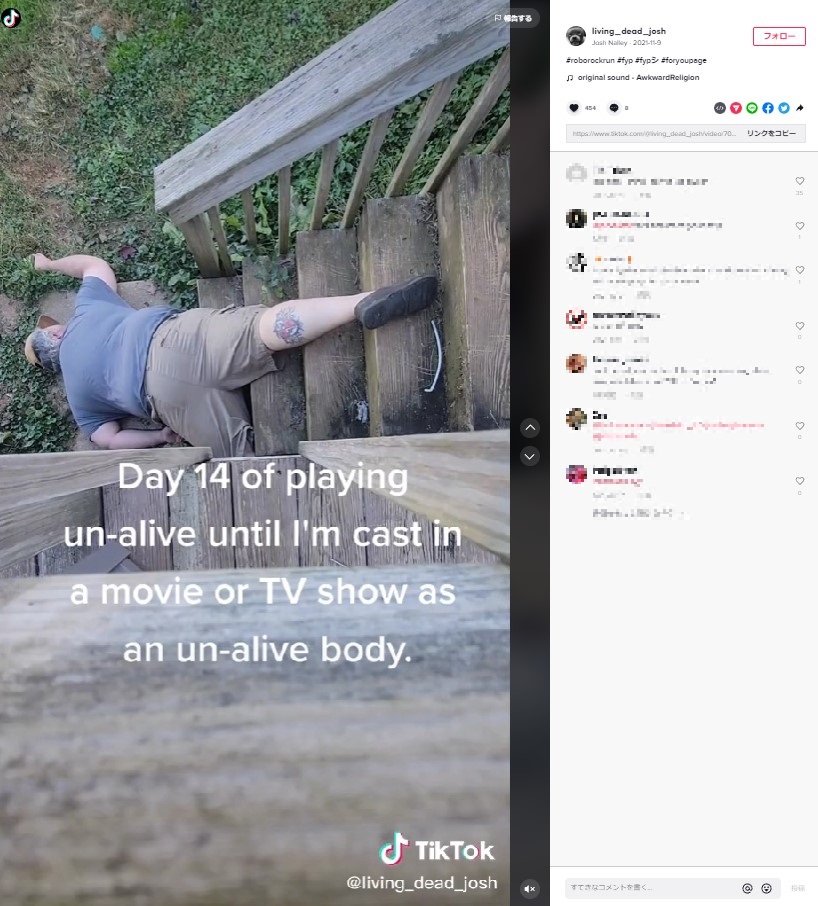 階段から落ちたシチュエーションで（画像は『Josh Nalley　2021年11月8日付TikTok「＃roborockrun ＃fyp ＃fypシ ＃foryoupage」』のスクリーンショット）