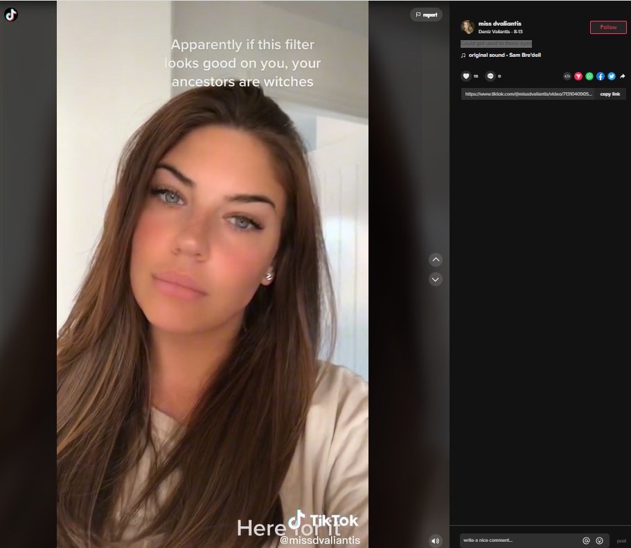 顎のラインが気になっていたという女性（画像は『Deniz Valiantis　2022年8月13日付TikTok「Could get used to those eyes」』のスクリーンショット）