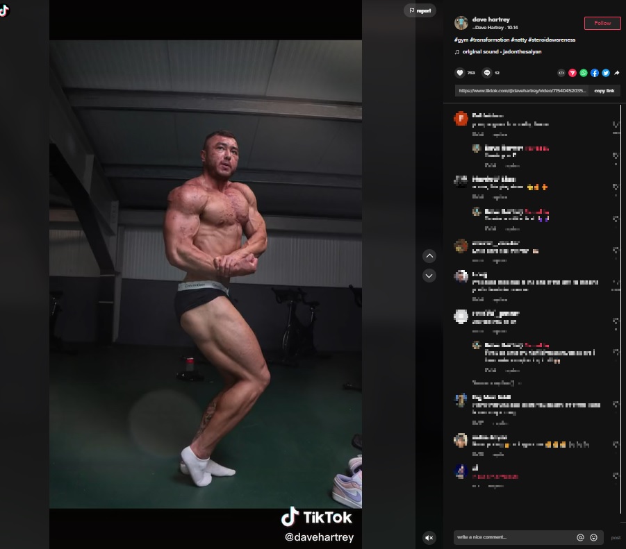 ステロイドを服用しトレーニングをしていた頃（画像は『Dave Hartrey　2022年10月14日付TikTok「＃gym ＃transformation ＃natty」』のスクリーンショット）