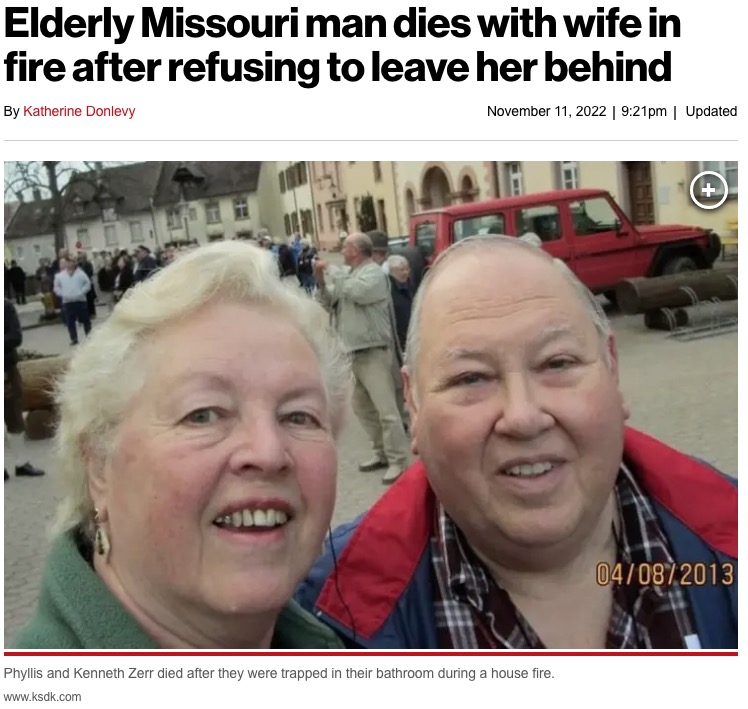 住宅火災で亡くなった夫婦（画像は『New York Post　2022年11月11日付「Elderly Missouri man dies with wife in fire after refusing to leave her behind」（ksdk.com）』のスクリーンショット）