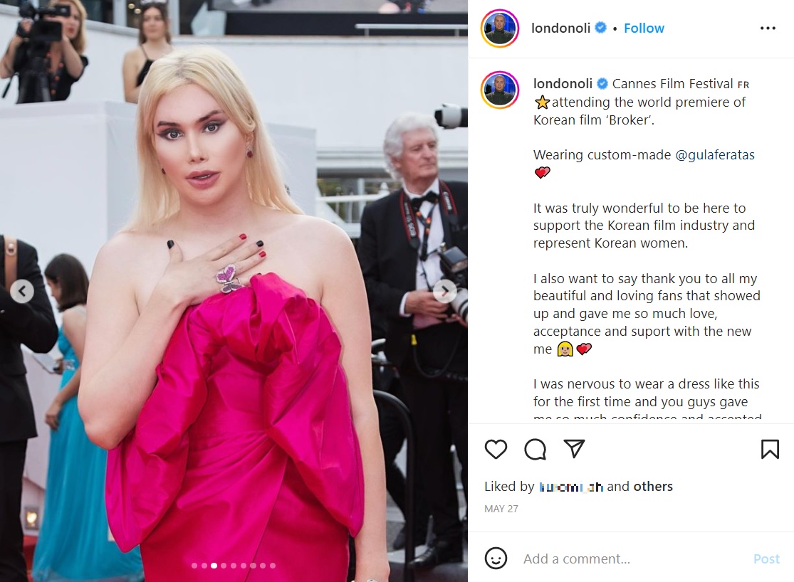 韓国人女性に憧れて整形を繰り返した英男性（画像は『Oli London　2022年5月27日付Instagram「Cannes Film Festival」』のスクリーンショット）