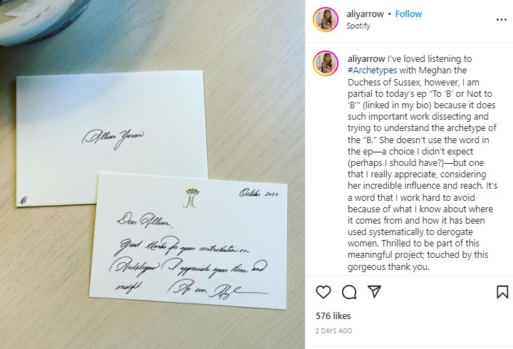 メーガン妃による手書きの感謝状（画像は『Allison Yarrow　2022年11月9日付Instagram「I’ve loved listening to ＃Archetypes with Meghan the Duchess of Sussex」』のスクリーンショット）