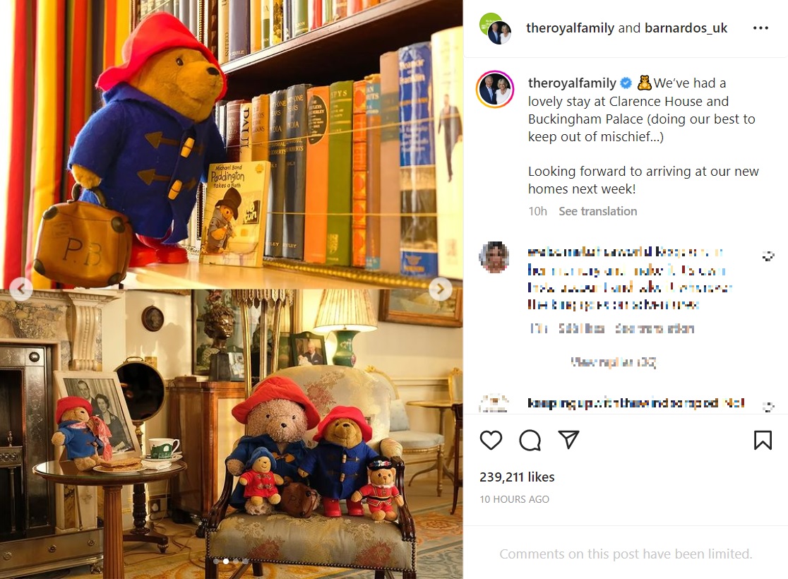 クラレンス・ハウスで過ごすパディントンベア（画像は『The Royal Family　2022年11月18日付Instagram「We’ve had a lovely stay at Clarence House and Buckingham Palace」』のスクリーンショット）