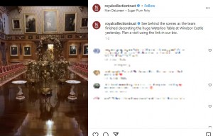 金箔のデコレーションで装飾した「ウォータールーの間」の巨大なテーブル（画像は『Royal Collection Trust　2022年11月25日付Instagram「See behind the scenes as the team finished decorating the huge Waterloo Table at Windsor Castle yesterday.」』のスクリーンショット）
