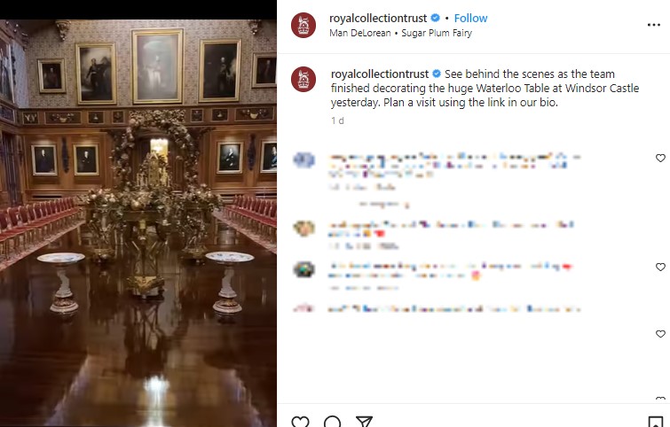 金箔のデコレーションで装飾した「ウォータールーの間」の巨大なテーブル（画像は『Royal Collection Trust　2022年11月25日付Instagram「See behind the scenes as the team finished decorating the huge Waterloo Table at Windsor Castle yesterday.」』のスクリーンショット）