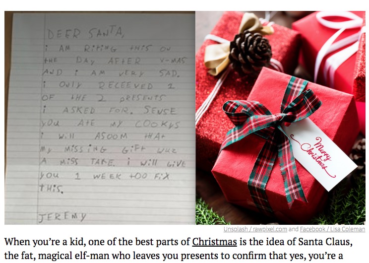 クリスマスプレゼントの不満をサンタにぶつけた少年の手紙（画像は『Thought Catalog　2017年12月28日付「This Boy Didn’t Get Everything He Wanted For Christmas, So He Decided To Get Back At Santa With These Hilarious Letters」（Unsplash / rawpixel.com and Facebook / Lisa Coleman）』のスクリーンショット）