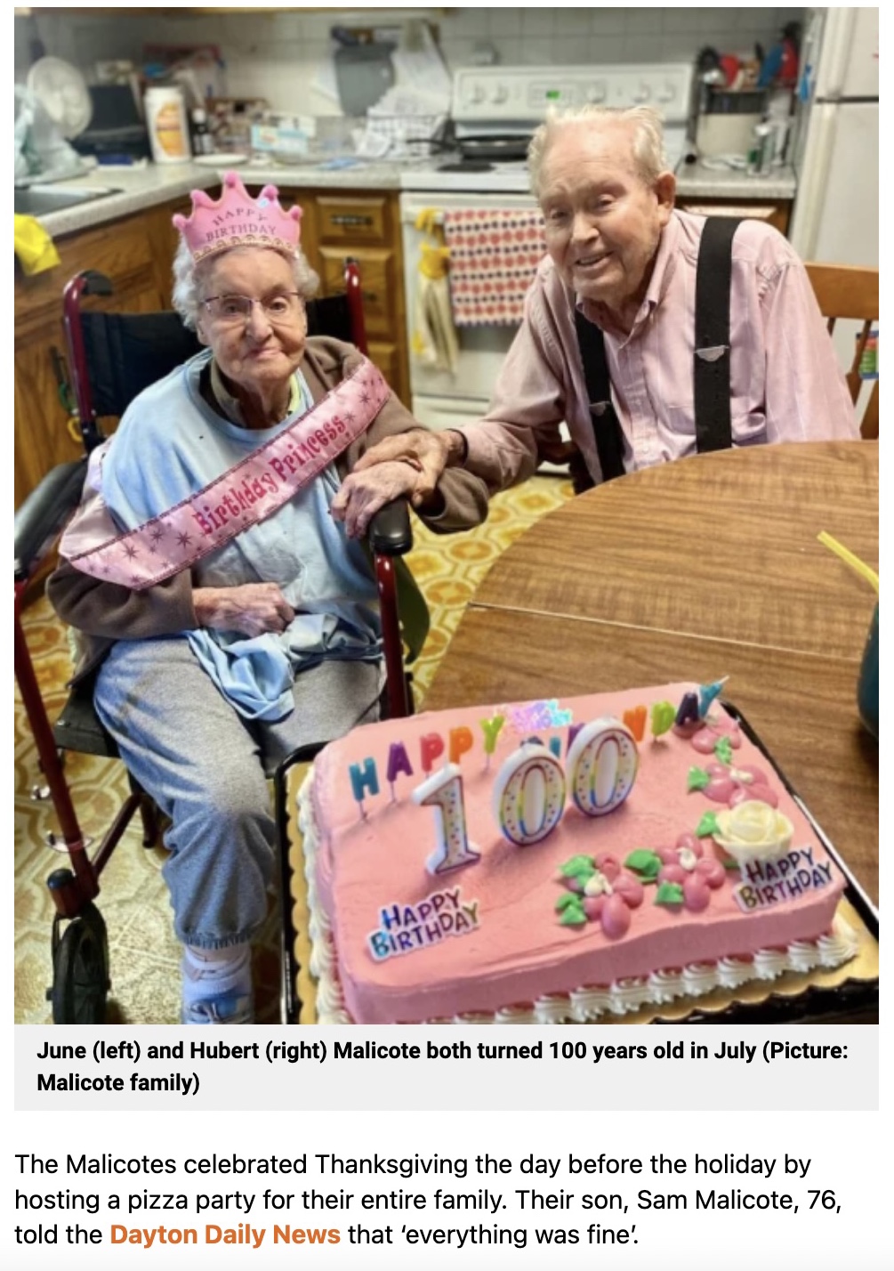 20時間差で旅立った100歳の夫婦（画像は『Metro　2022年12月7日付「Couple die holding hands just hours apart after being married for 80 years」（Picture: Malicote family）』のスクリーンショット）