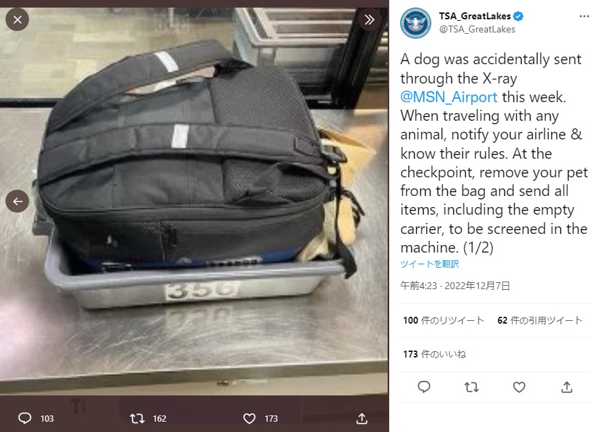 ペットの持ち込みを申告しなければならないはずが…（画像は『TSA_GreatLakes　2022年12月6日付Twitter「A dog was accidentally sent through the X-ray ＠MSN_Airport this week.」』のスクリーンショット）