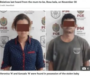 逮捕されたカップル（画像は『The Sun　2022年12月6日付「WOMB SNATCHERS Newborn baby found ALIVE after being cut from mum’s womb by kidnapper ‘who couldn’t have children’ in Mexico」』のスクリーンショット）