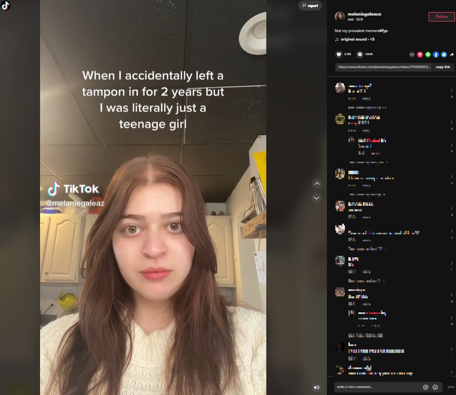 タンポンを2年間入れっぱなしだった女性（画像は『mel　2022年12月9日付TikTok「Not my proudest moment」』のスクリーンショット）