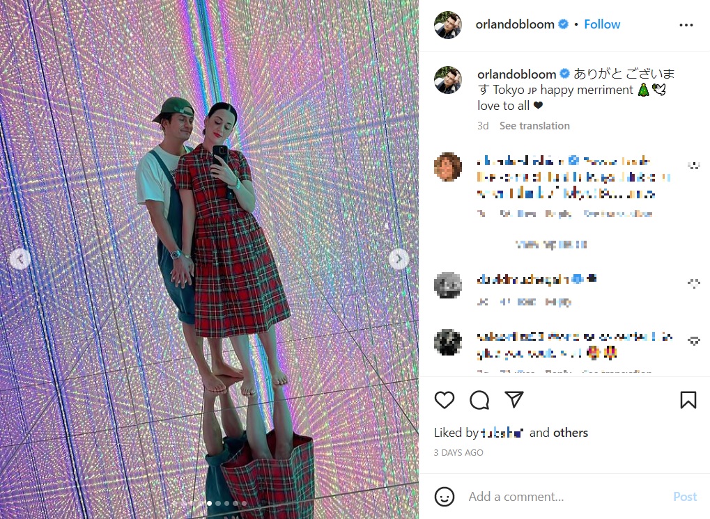 「チームラボプラネッツ」をケイティと再訪したオーランド（画像は『Orlando Bloom　2022年12月26日付Instagram「ありがとございます Tokyo happy merriment」』のスクリーンショット）