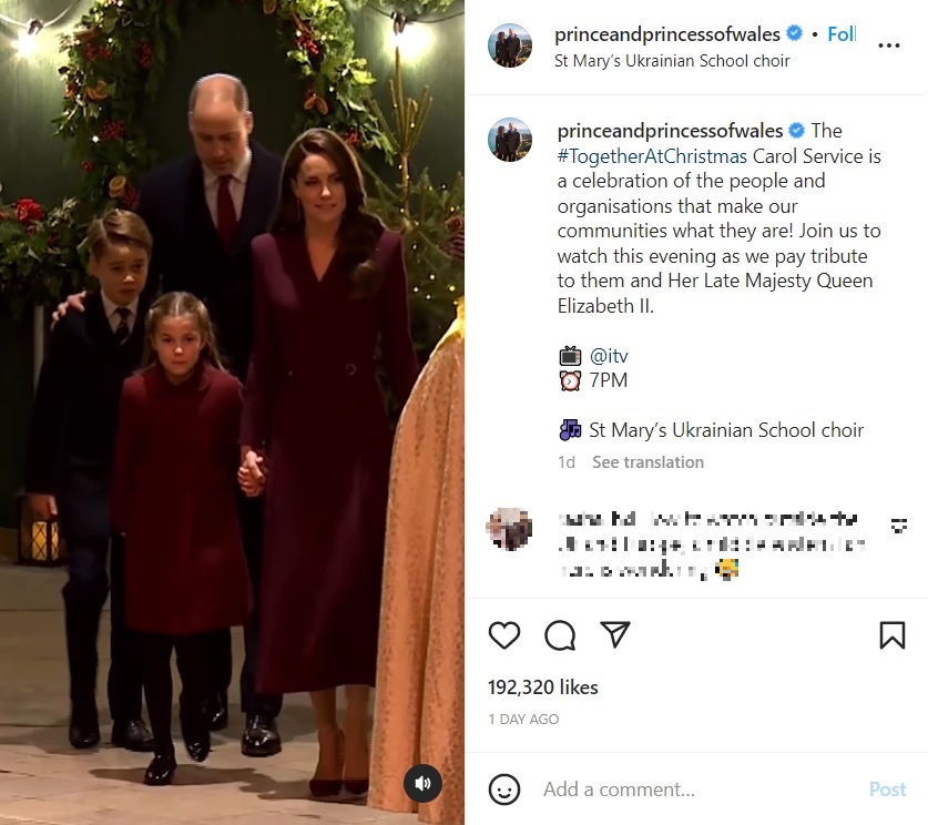 クリスマス礼拝に参加したウィリアム皇太子一家（画像は『The Prince and Princess of Wales　2022年12月24日付Instagram「The ＃TogetherAtChristmas Carol Service is a celebration of the people and organisations」』のスクリーンショット）