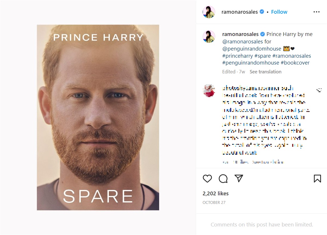 来年1月に発売されるヘンリー王子の回顧録『SPARE』（画像は『Ramona Rosales　2022年10月27日付Instagram「Prince Harry by me ＠ramonarosales for ＠penguinrandomhouse」』のスクリーンショット）