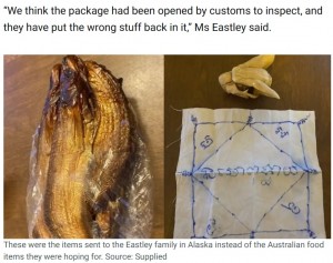 箱の中には魚の干物や謎の記号が書かれた白い布など奇妙な物が（画像は『SBS　2022年12月24日付「An Australian family was expecting biscuits and lollies in a Christmas parcel. Inside, they found a skull」（Source: Supplied）』のスクリーンショット）