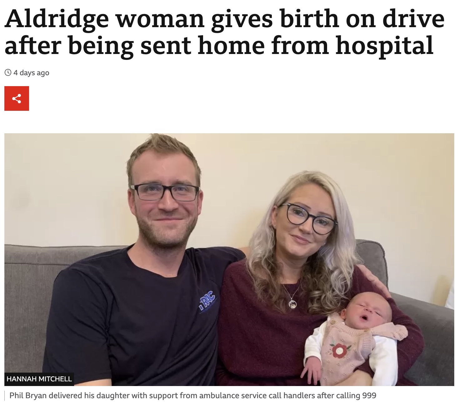 「まだ生まれない」と病院から追い返され車内で出産した女性（画像は『BBC News　2023年1月5日付「Aldridge woman gives birth on drive after being sent home from hospital」（HANNAH MITCHELL）』のスクリーンショット）