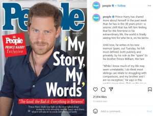 米誌『People』の表紙を飾ったヘンリー王子（画像は『People Magazine　2023年1月10日付Instagram「Prince Harry has shared more about himself in the past week than he has in the 38 years prior」』のスクリーンショット）