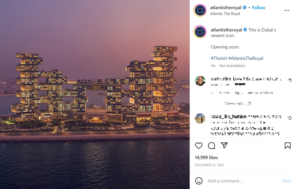 ドバイで2月に開業する超高級ホテル「アトランティス・ザ・ロイヤル」（画像は『Atlantis The Royal　2022年12月23日付Instagram「This is Dubai’s newest icon.」』のスクリーンショット）