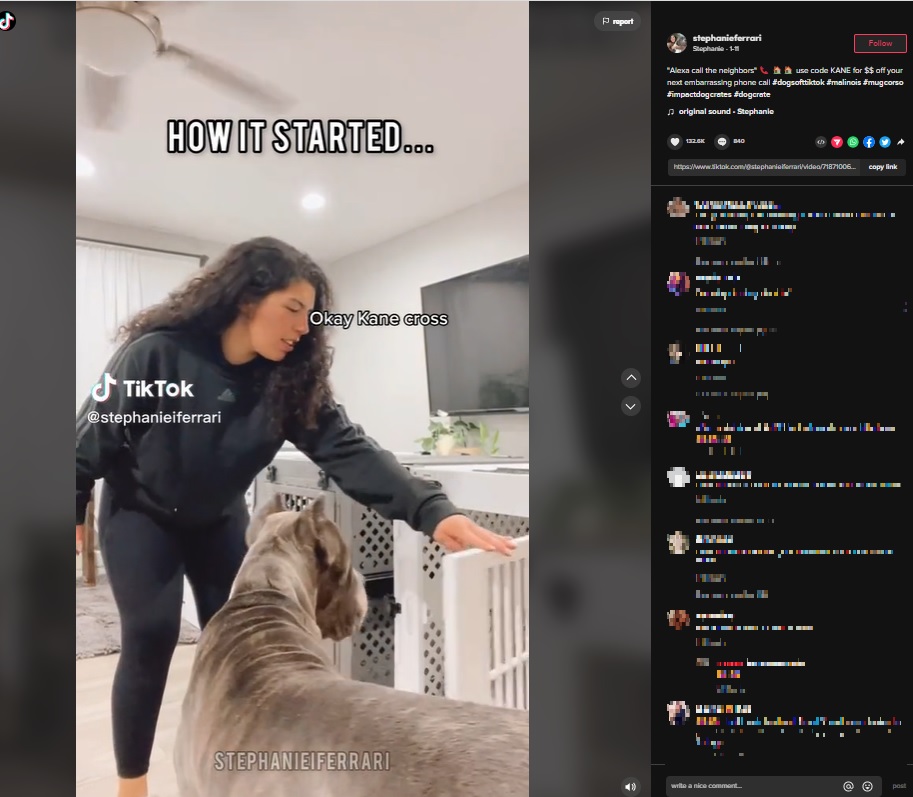 愛犬をクレートに入れるステファニーさん（画像は『Stephanie　2023年1月11日付TikTok「“Alexa call the neighbors”」』のスクリーンショット）