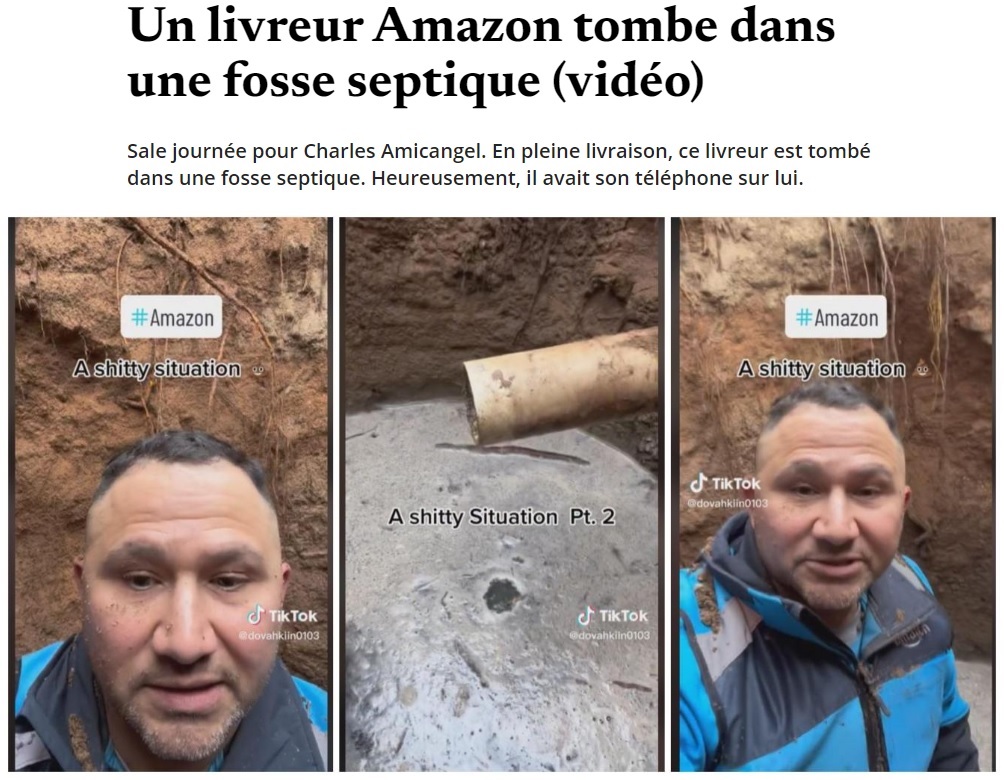 腐敗槽に転落したチャールズさん（画像は『Metrotime　2023年1月13日付「Un livreur Amazon tombe dans une fosse septique （vidéo）」』のスクリーンショット）