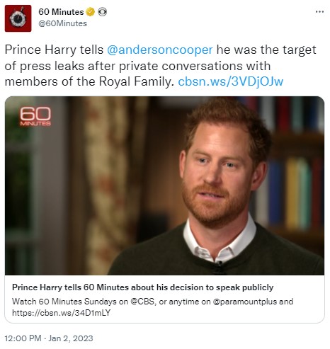 またもや王室批判が止まらないヘンリー王子（画像は『60 Minutes　2023年1月2日付Twitter「Prince Harry tells」』のスクリーンショット）