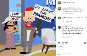 「プライバシーが欲しい」とプラカードを掲げる夫妻（画像は『South Park　2023年2月17日付Instagram「Watch the all-new “Worldwide Privacy Tour” full episode for free now」』のスクリーンショット）