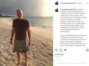 ブルースの家族が公開した声明文（画像は『Emma Heming Willis　2023年2月16日付Instagram「Our family wanted to start by expressing our deepest gratitude for the incredible outpouring of love,」』のスクリーンショット）