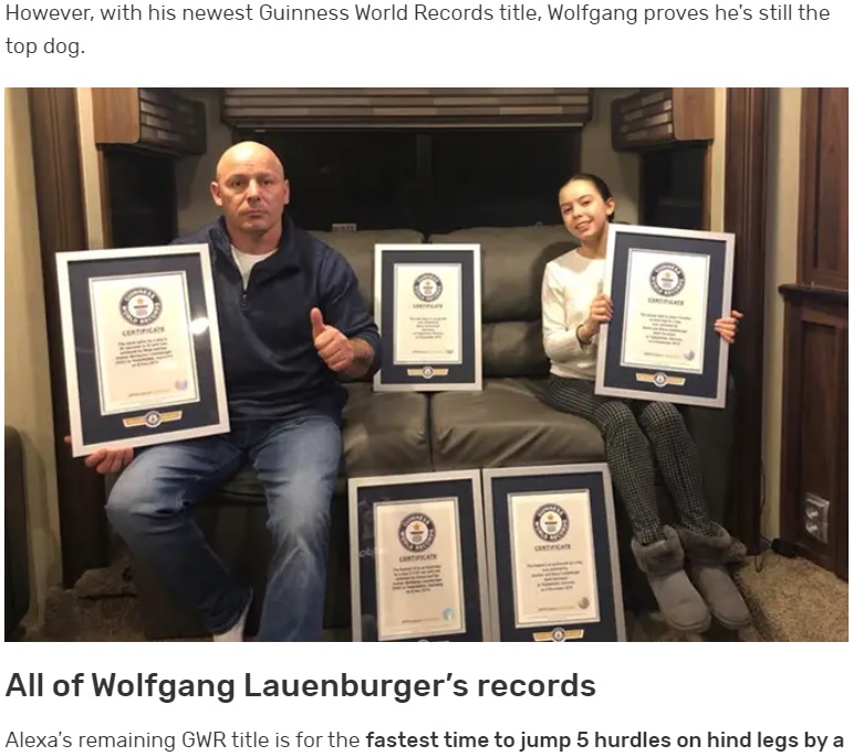 10個のギネス記録を持つヴォルフガングさんと娘のアレクサさん（画像は『Guinness World Records　2023年2月7日付「Dad breaks daughter’s record with remarkable 14-dog conga line」』のスクリーンショット）