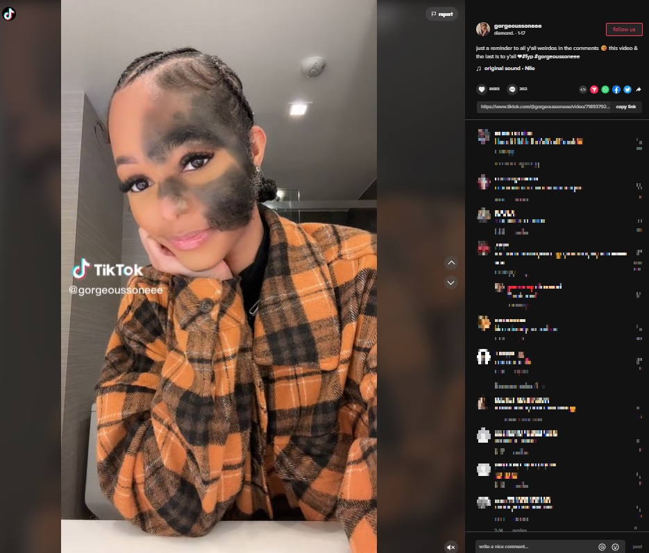 顔の毛は剃らないというダイアモンドさん（画像は『diamond.　2023年1月17日付TikTok「just a reminder to all y’all weirdos in the comments」』のスクリーンショット）