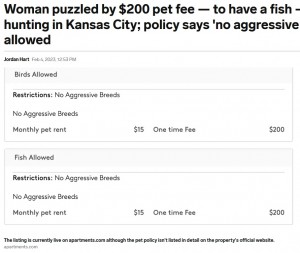 魚を飼育する場合にも犬や猫と同じ金額の料金を支払う必要があると記載されたペットポリシー（画像は『Business Insider　2023年2月4日付「Woman puzzled by ＄200 pet fee — to have a fish — while apartment hunting in Kansas City; policy says 'no aggressive breeds' of fish are allowed」（apartments.com）』のスクリーンショット）