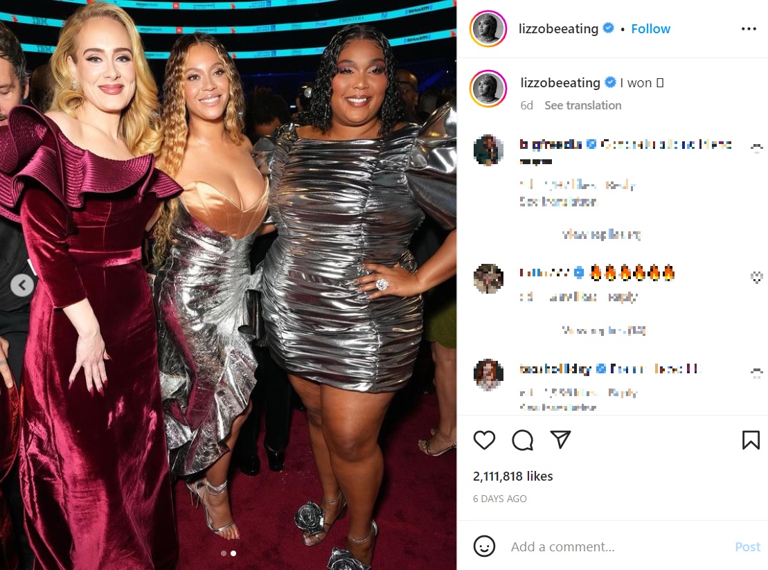 授賞式でのアデル、ビヨンセ、リゾ（画像は『Lizzo　2023年2月6日付Instagram「I won」』のスクリーンショット）