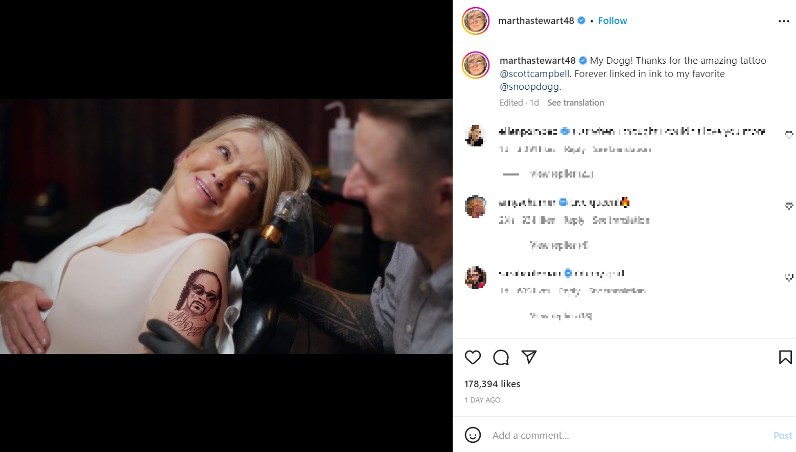 マーサの上腕に入れたスヌープのタトゥーは本物？（画像は『Martha Stewart　2023年2月10日付Instagram「My Dogg!」』のスクリーンショット）