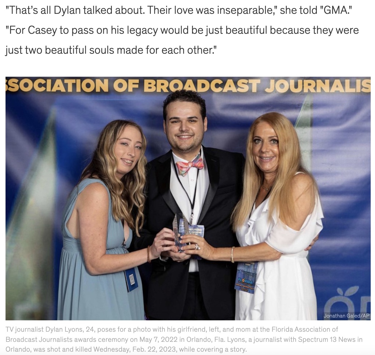 左からケイシーさん、ディランさん、ベスさん（画像は『Good Morning America　2023年3月7日付「Fiancée of slain reporter speaks out on decision to have his child via IVF」（Jonathan Galed/AP）』のスクリーンショット）