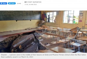 授業中に突然陥没した（画像は『ZimLive　2023年3月16日付「14 injured after sinkhole from illegal mining opens up in classroom」』のスクリーンショット）