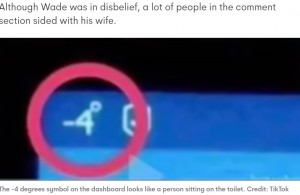 トイレの便座に座っている人？（画像は『7NEWS Australia　2023年3月11日付「Man stumped after his wife mistook car symbol for amusing detail: ‘You can’t unsee it’」（Credit: TikTok）』のスクリーンショット）