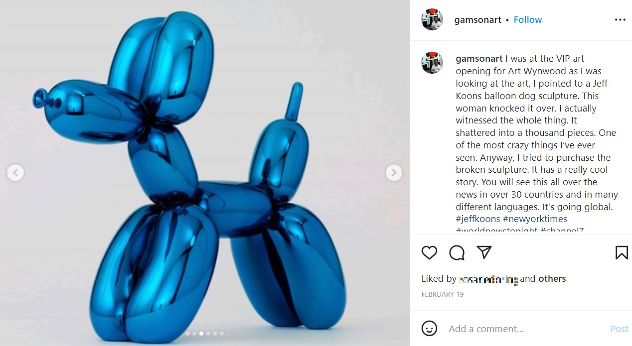 約570万円相当の作品だったバルーン・ドッグ（画像は『Stephen Gamson　2023年2月19日付Instagram「I was at the VIP art opening for Art Wynwood as I was looking at the art」』のスクリーンショット）