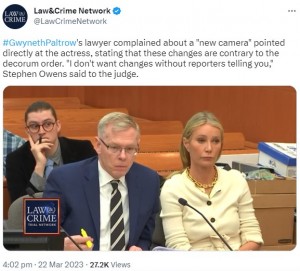 ユタ州の裁判所に出廷したグウィネス（画像は『Law＆Crime Network　2023年3月22日付Twitter「＃GwynethPaltrow’s lawyer complained about a “new camera” pointed directly at the actress」』のスクリーンショット）