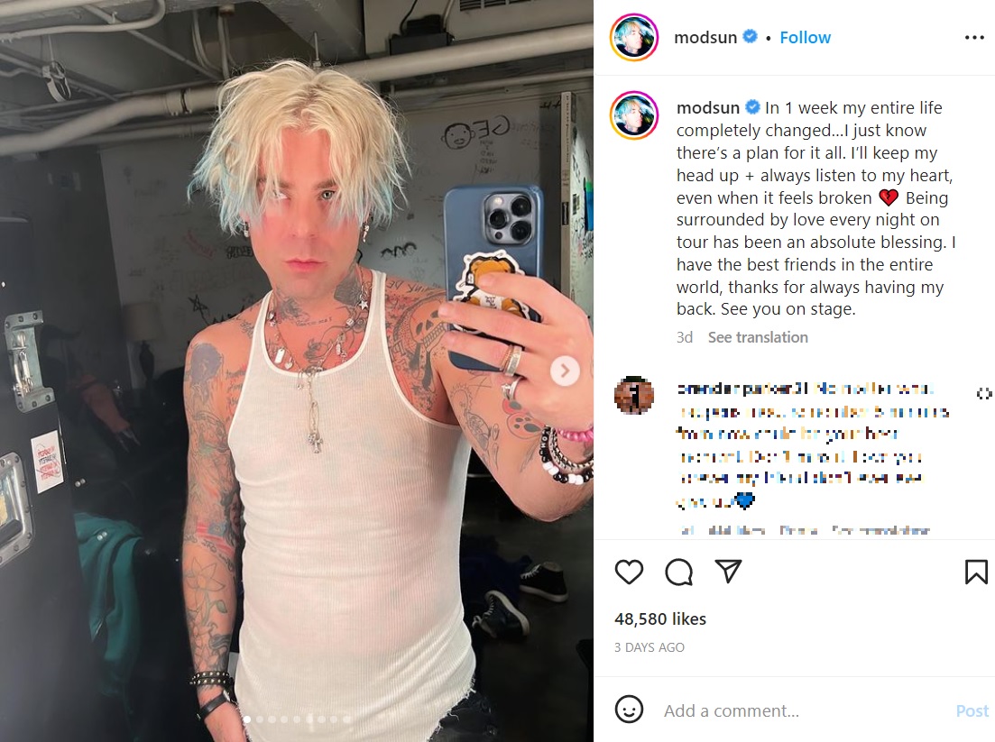 破局後の心境を吐露したモッド・サン（画像は『Mod Sun　2023年3月1日付Instagram「In 1 week my entire life completely changed…」』のスクリーンショット）