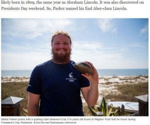 【海外発！Breaking News】推定年齢214歳！　潮干狩り中に重さ1キロ超の二枚貝を発見（米）