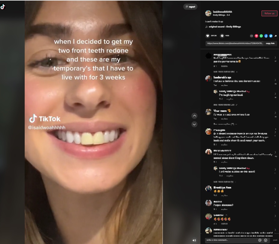 新しいクラウンができるまでの間、仮歯を入れたものの、大きくて黄色い歯に「まるでウサギのよう」と自虐ネタを放つエミリーさん。「トウモロコシ」とコメントする人も！（画像は『Emily Billings　2023年3月4日付TikTok「i can’t make it up」』のスクリーンショット）