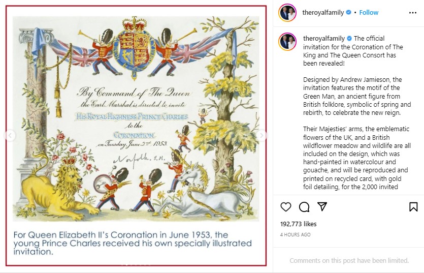 チャールズ皇太子（当時）が受け取った1953年のエリザベス女王の戴冠式の招待状も同時に公開された（画像は『The Royal Family　2023年4月5日付Instagram「The official invitation for the Coronation of The King and The Queen Consort has been revealed!」』のスクリーンショット）