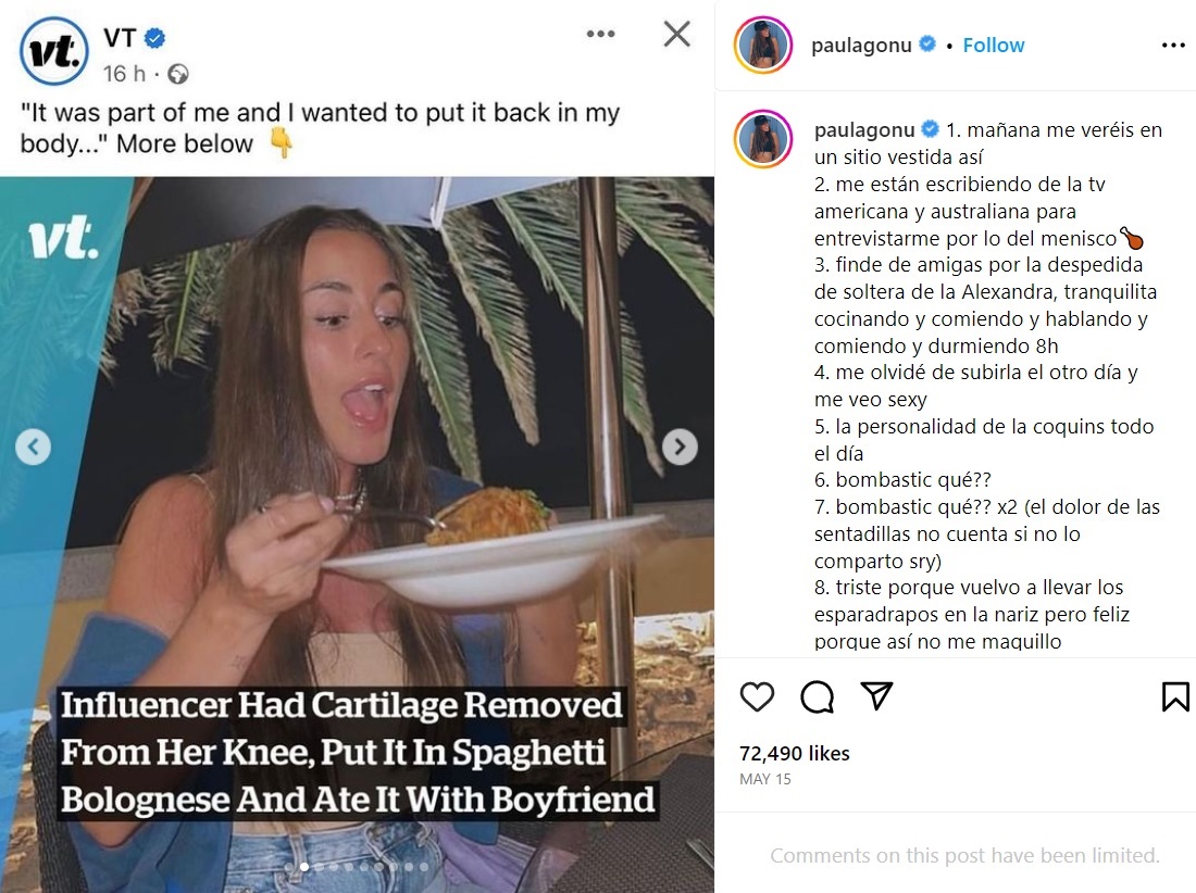 Instagramで200万人超のフォロワーを持つインフルエンサーの女性。手術で取り除かれた自らの膝の一部を「恋人と一緒に食べた」と告白して物議を醸す（画像は『PAULA GONU　2023年5月15日付Instagram「1. mañana me veréis en un sitio vestida así」』のスクリーンショット）