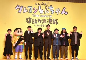 映画『しん次元！クレヨンしんちゃん THE MOVIE 超能力大決戦 ～とべとべ手巻き寿司～』（8月4日公開）の完成報告会見に登壇した小林由美子、空気階段、松坂桃李、サンボマスター