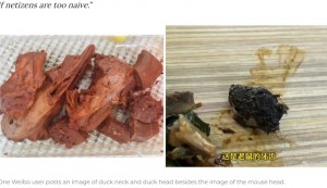 調理されたアヒルの首（頭）の写真（左）と混入していた異物を比べるSNSの投稿。「中国での情報操作は普通に行われ、ますます巧みになっている。でも写真は嘘をつかないね」といったコメントも（画像は『What’s on Weibo　2023年6月7日付「“Calling a Rat a Duck”: Jiangxi Students Discover Rat Head in Meal, School Insists It’s Duck」（Image posted on Weibo）』のスクリーンショット）