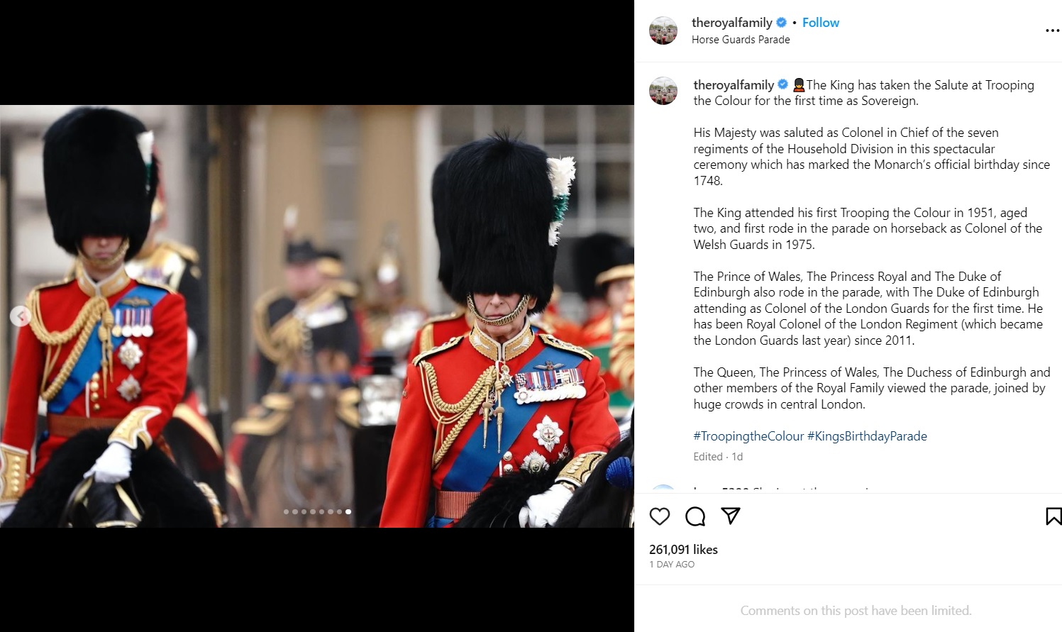 「トゥルーピング・ザ・カラー」のパレードに参加したチャールズ国王（右）とウィリアム皇太子。親子ともに軍服に身を包み、馬に乗って行進した（画像は『The Royal Family　2023年6月17日付Instagram「The King has taken the Salute at Trooping the Colour for the first time as Sovereign.」』のスクリーンショット）